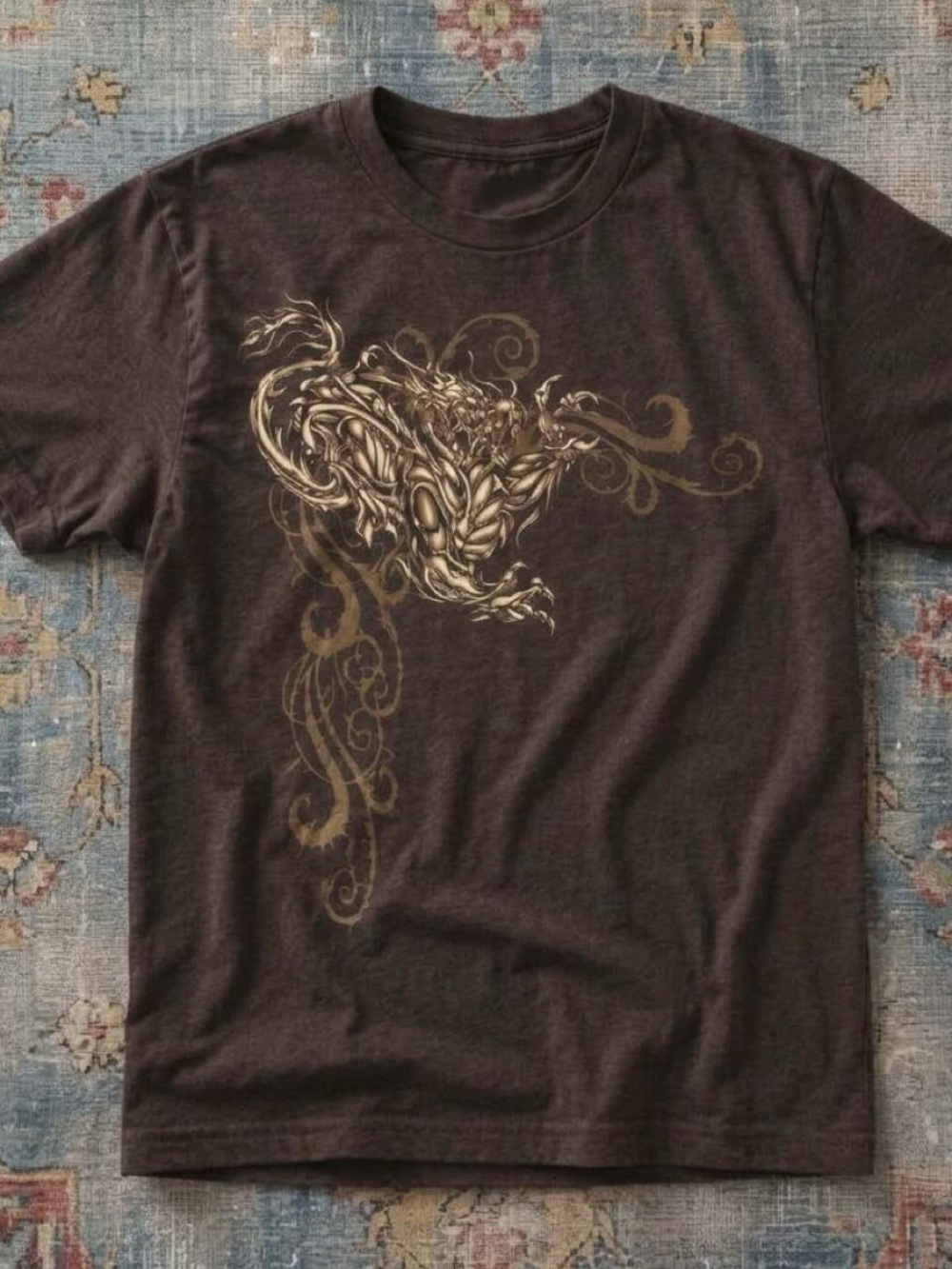Brown Dragon Graphic Tee with Gold Ornamental Print